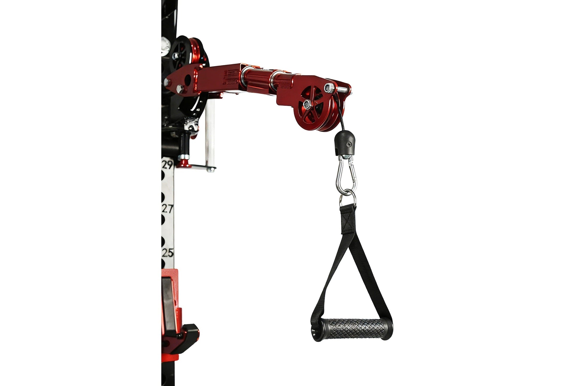 Red and black cable pulley system mounted on white rack with lat pulldown attachment and triangle grip handle, displayed on w