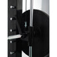Black cable crossover pulley system with chrome handles, metal weight plate holder, and adjustable pulley attachments on whit