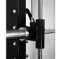 Black and chrome cable crossover pulley attachment with adjustable arm and metal hardware mounted on power rack frame