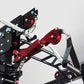 Black and red cable crossover pulley system with silver aluminum frame, dual adjustable pulleys, and black straps on white ba
