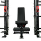 Black and red cable crossover power rack with dual adjustable pulleys, lat pulldown station, and padded seat on white backgro
