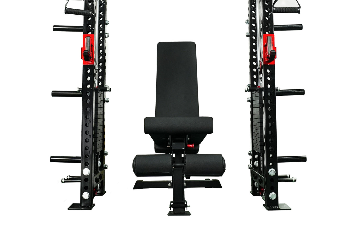 Black and red cable crossover power rack with dual adjustable pulleys, lat pulldown station, and padded seat on white backgro