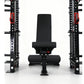 Warrior 2.0 cable crossover power rack with black uprights, red handles, and adjustable pulley system on white background