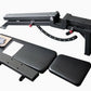 Black adjustable weight bench system with leg press attachment, padded seat and leg extension platform on white background