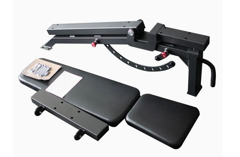 Black adjustable weight bench system with leg press attachment, padded seat and leg extension platform on white background