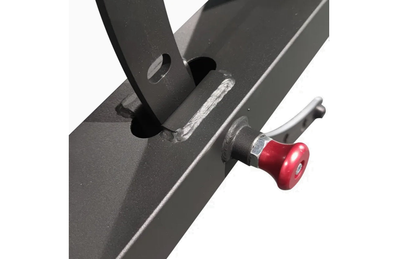 Black metal weight bench frame with red adjustment knob and mounting holes, flat lay on white background