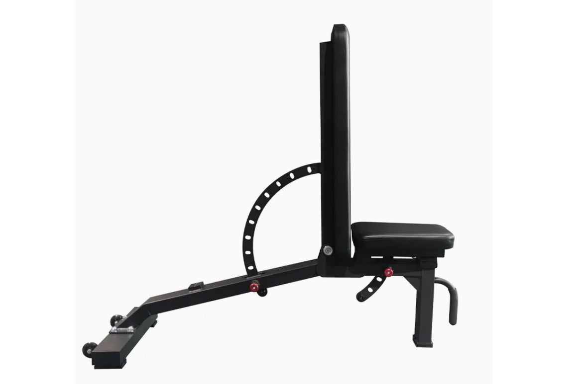Black adjustable weight bench with padded seat and backrest, leg extension attachment, and red adjustment bolts on white back