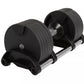 Pair of black adjustable dumbbells with ribbed weight plates and metal handles on wheeled base, shown on white background