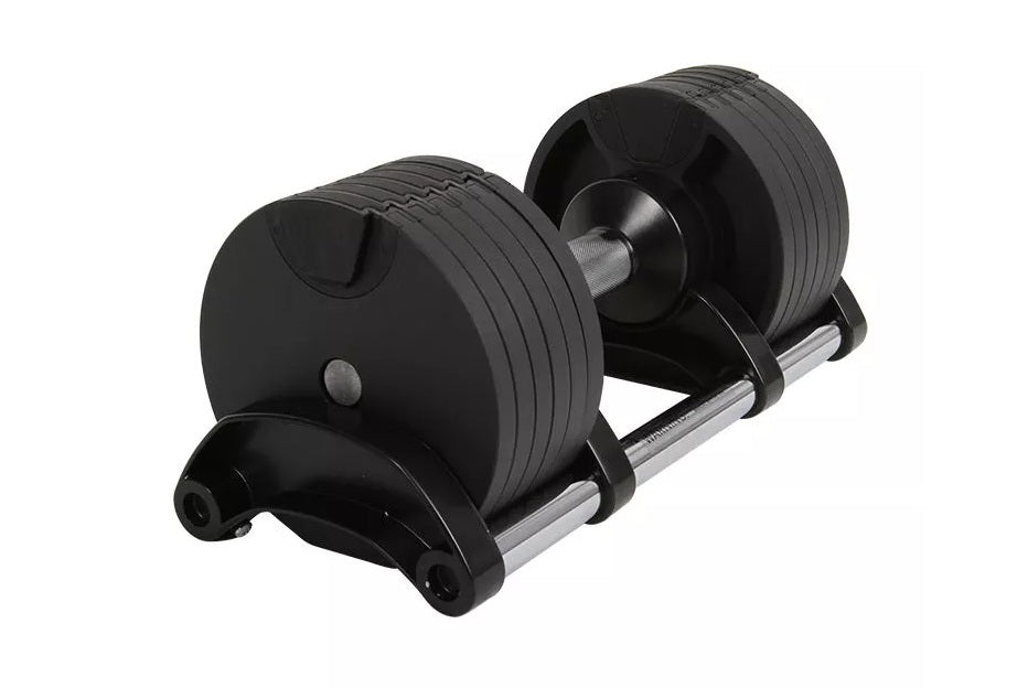 Pair of black adjustable dumbbells with ribbed weight plates and metal handles on wheeled base, shown on white background