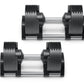 Pair of black and silver adjustable dumbbells with grooved weight plates and chrome handles, displayed on white background