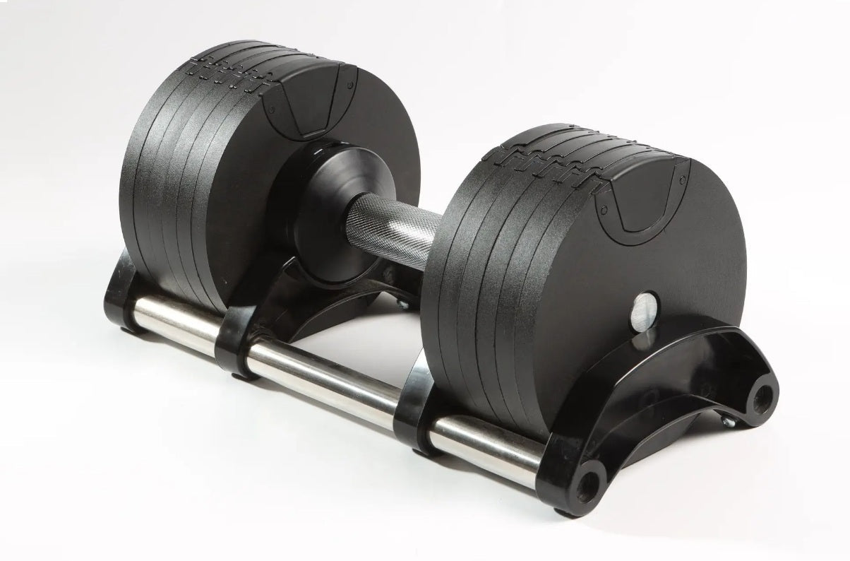Pair of black adjustable dumbbells with segmented weight plates and metal handle on white background