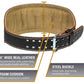 Black leather weightlifting belt with suede lining, studded details, and steel buckle, showing 6-inch width and foam cushion 