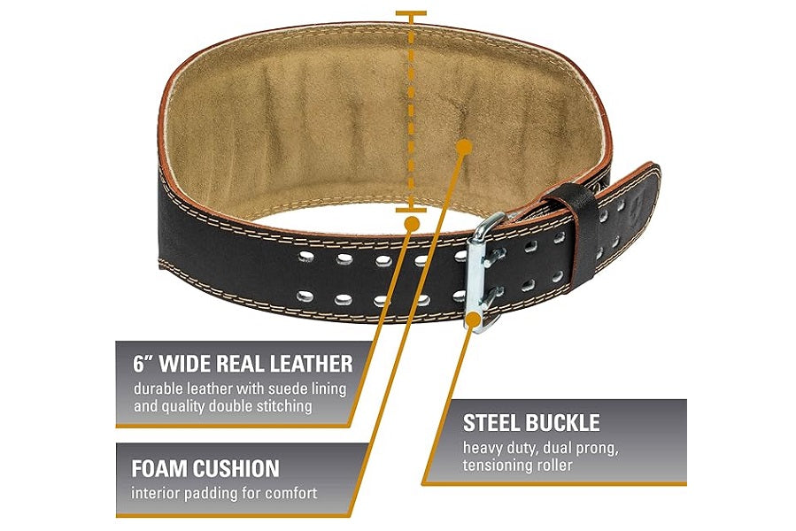 Black leather weightlifting belt with suede lining, studded details, and steel buckle, showing 6-inch width and foam cushion 