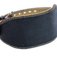 Black padded leather weightlifting belt with white contrast stitching, tan suede lining, and adjustable buckle closure on whi
