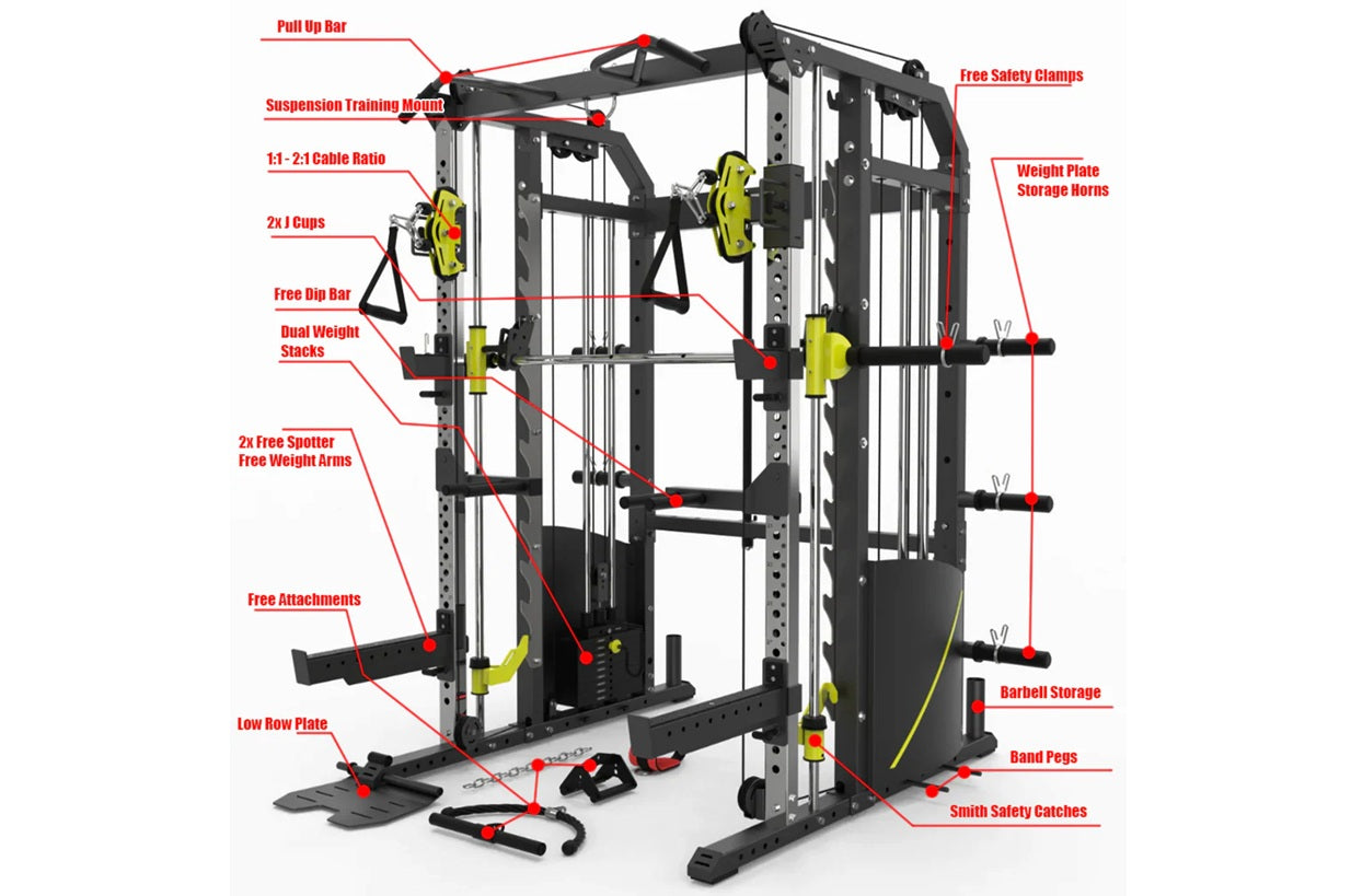 Black and gray metal power rack with yellow weight stacks, pull-up bar, cable crossover system, and integrated Smith machine 