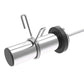 Polished steel barbell with black rubber grip collar and curved safety clips on white background