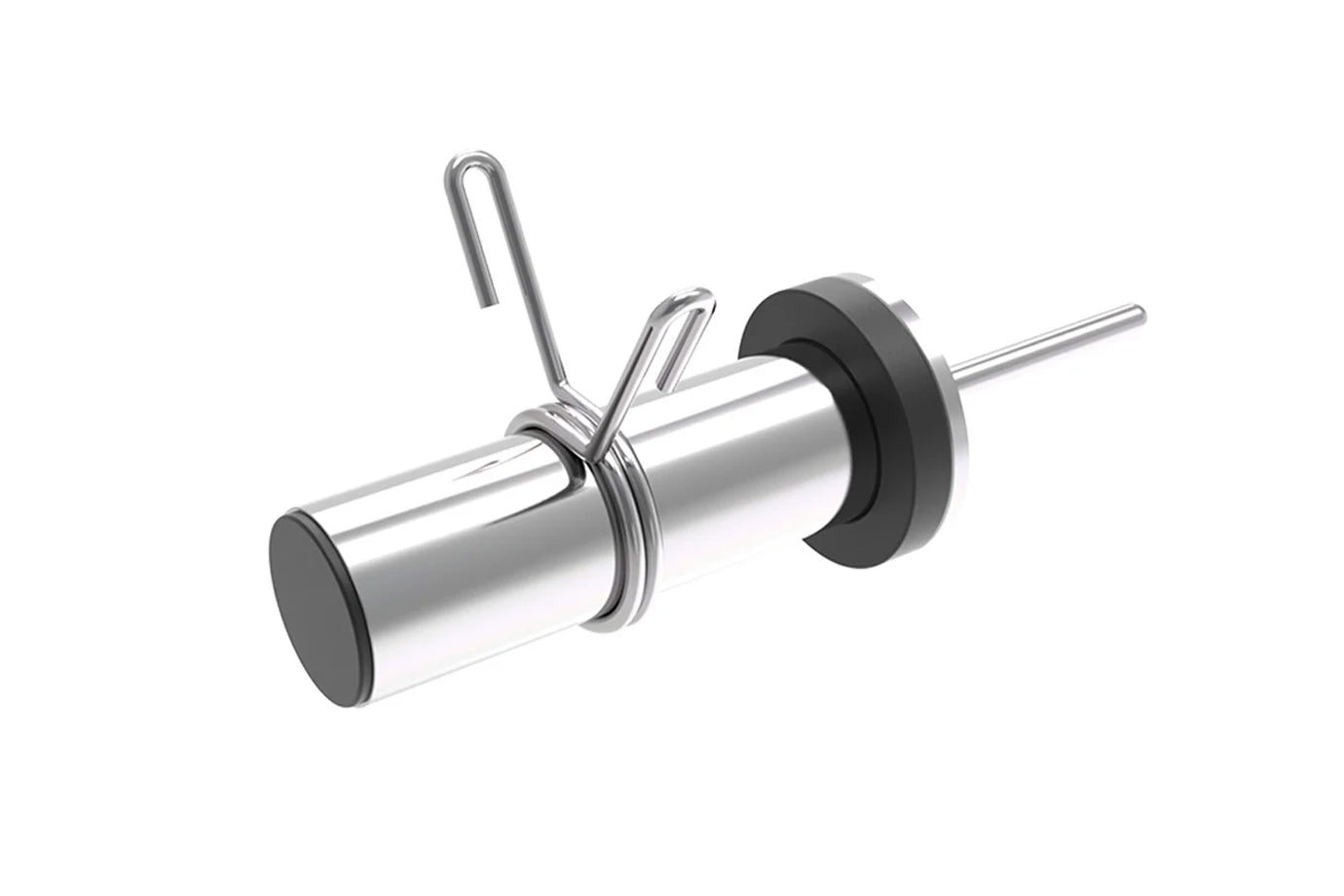 Polished steel barbell with black rubber grip collar and curved safety clips on white background