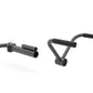 Two black cable machine attachments on white background: straight bar with connector on left, V-shaped handle on right