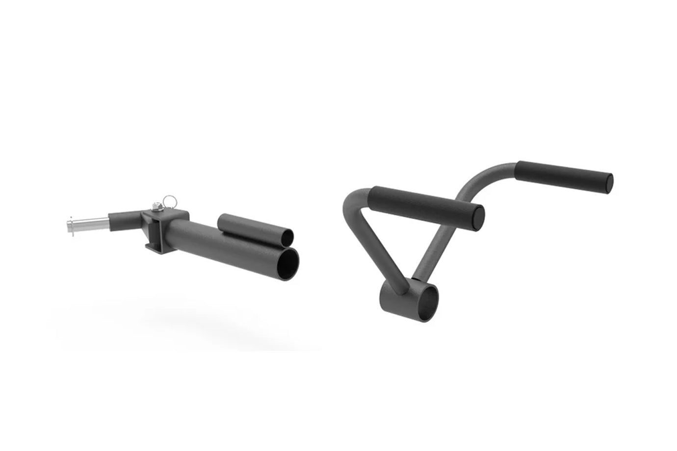 Two black cable machine attachments on white background: straight bar with connector on left, V-shaped handle on right