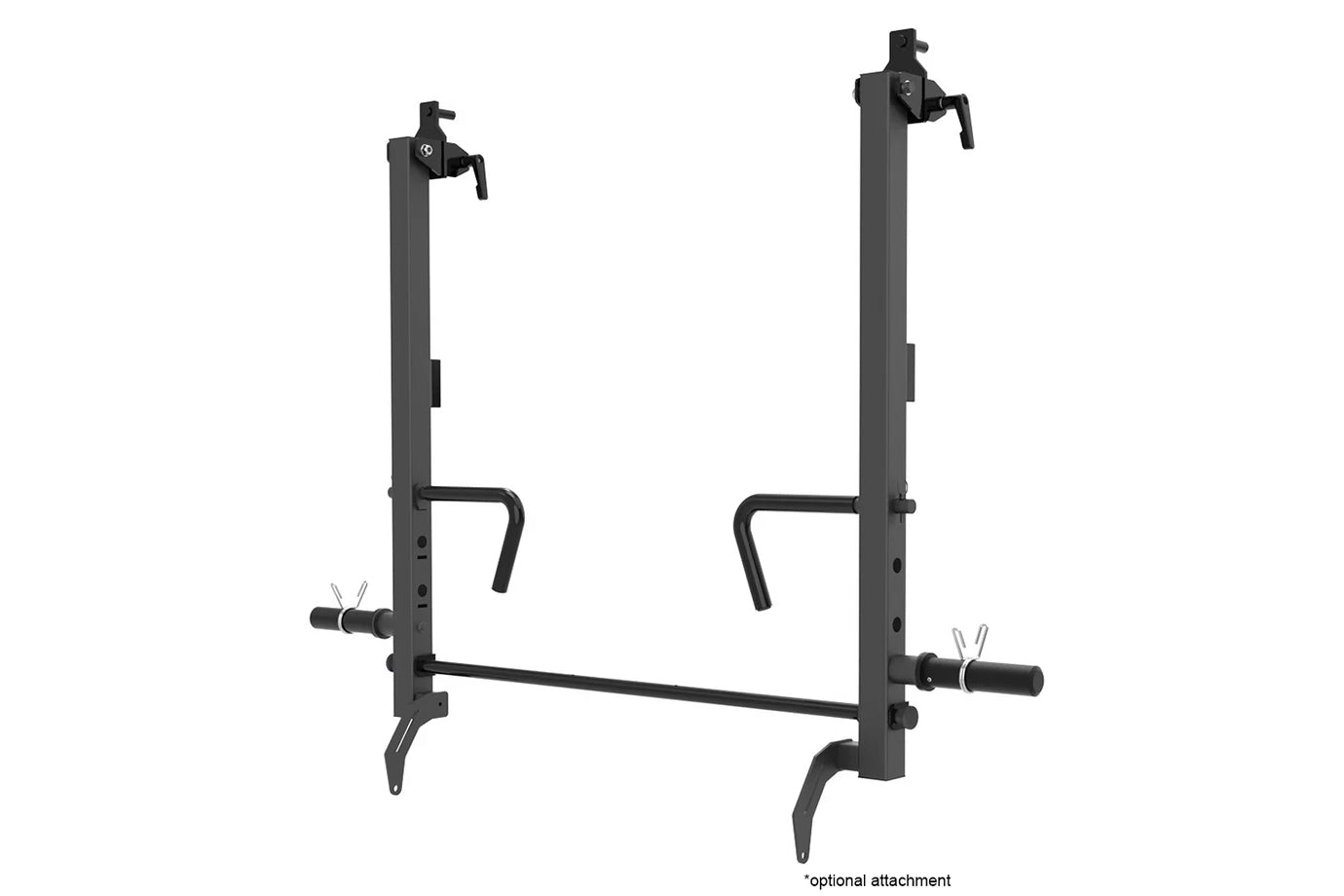 Black steel power rack with dual vertical posts, adjustable safety bars, cable attachments, and functional trainer arms on wh
