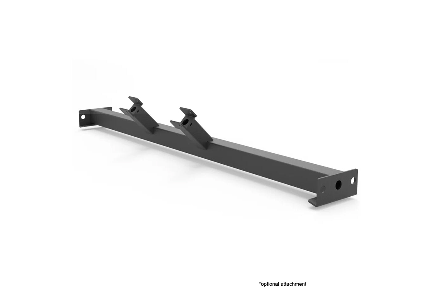 Black metal cable crossover attachment bar with dual adjustable clevis pins and mounting holes, shown on white background