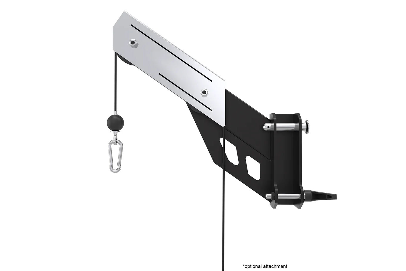 Gray and black cable crossover machine with angled frame, black adjustment pegs, metal carabiners, and optional ball attachme