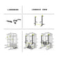 Comparison diagram showing landmine and jammer arm components with installation on multi-station power rack with cable crosso