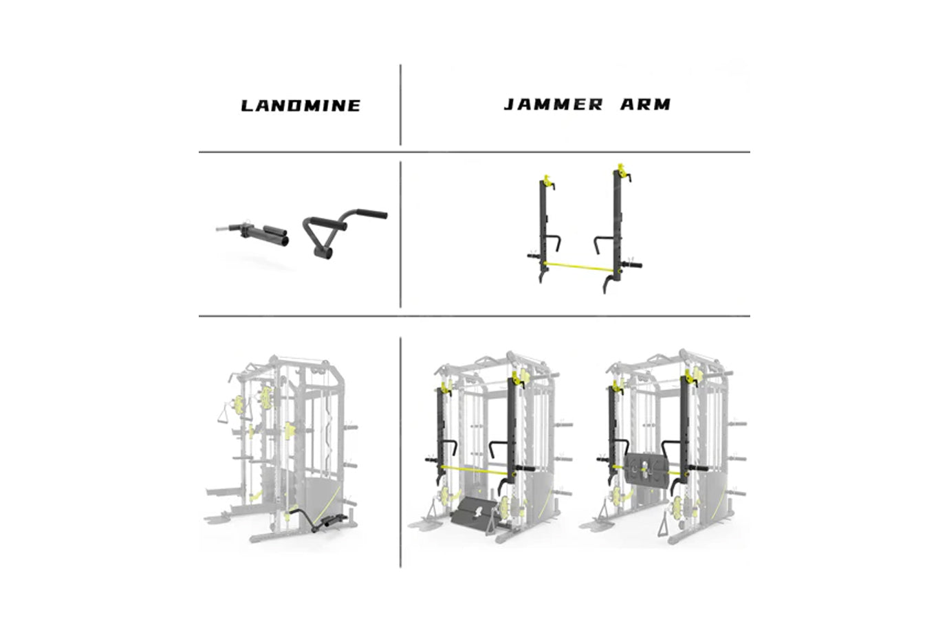 Comparison diagram showing landmine and jammer arm components with installation on multi-station power rack with cable crosso
