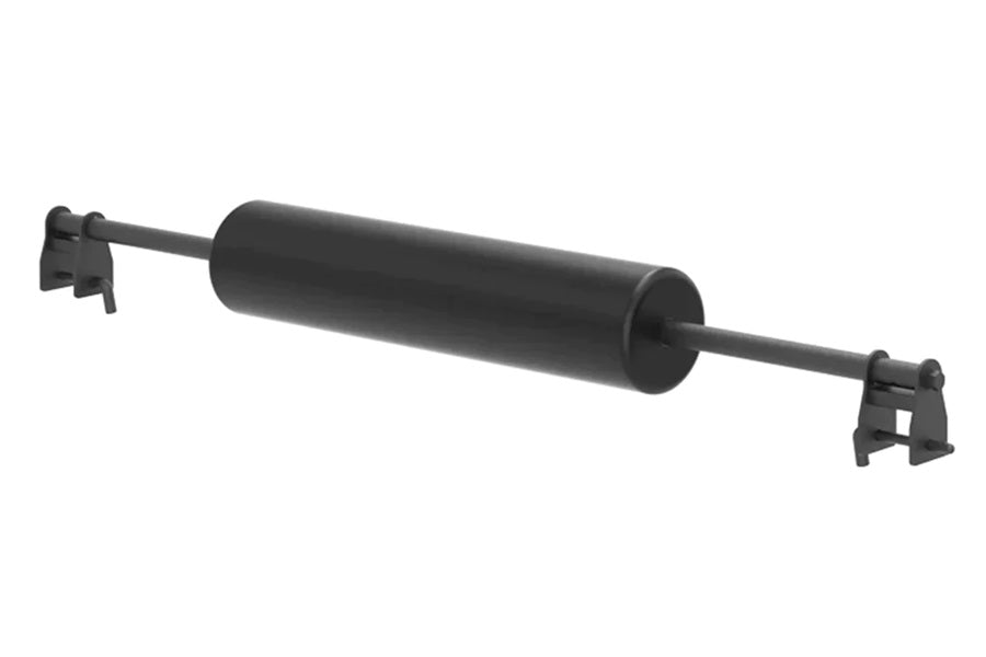 Black gas spring or pneumatic cylinder with mounting brackets on each end, shown on white background