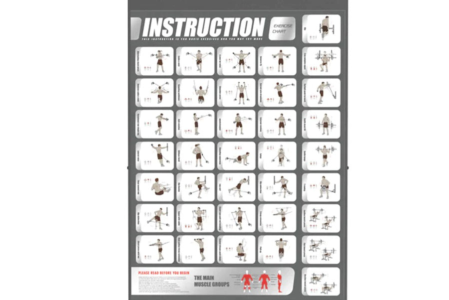 Workout instruction chart showing 35 exercise demonstrations with male figures performing various dumbbell, barbell, and cabl