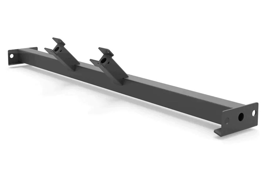 Black steel cable attachment bar with two adjustable pulley mounts and mounting holes on white background