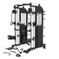 Black and white Warrior 801 Pro power rack cage with dual cable pulleys, Smith machine, and included accessories on white bac