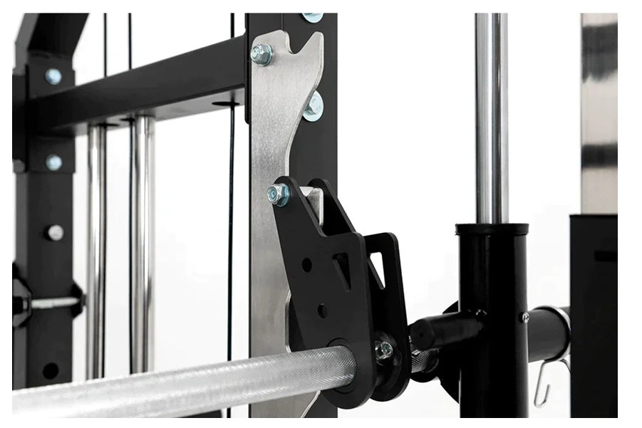 Black and silver power rack with cable pulley system, metal frame, and functional trainer attachment, detail view