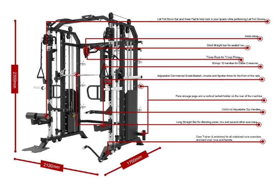 Warrior 801 Pro power rack with functional trainer, cable pulleys, and smith machine in black and red, shown with labeled equ
