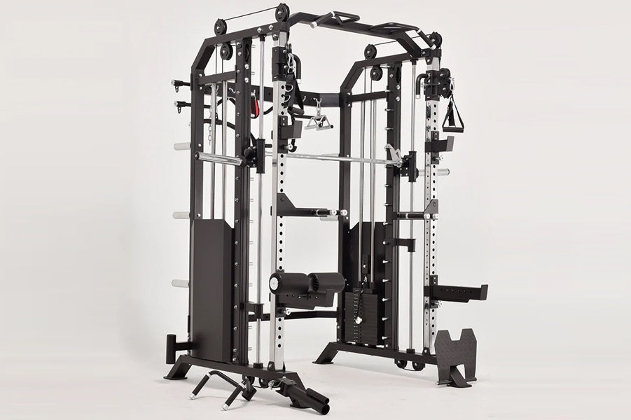 Black and white dual-function power rack with cable pulleys, Smith machine, and integrated trainer on white background