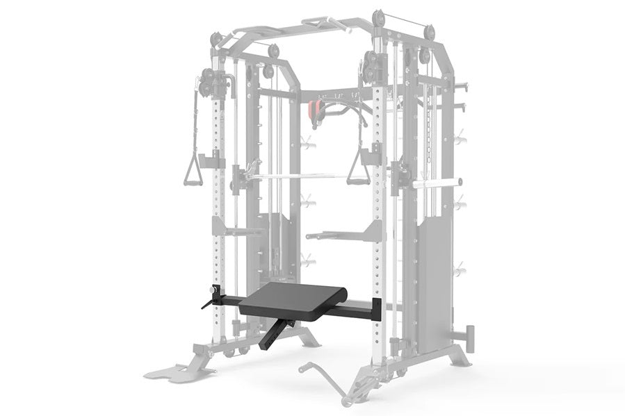 Black weight bench attachment for power rack cage with adjustable seat and footrest on white background