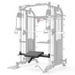 Black weight bench attachment for cable crossover gym machine, front view on white background