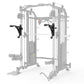 Warrior 801 Pro power rack with Smith machine, cable pulleys, and black leg press attachment on white background