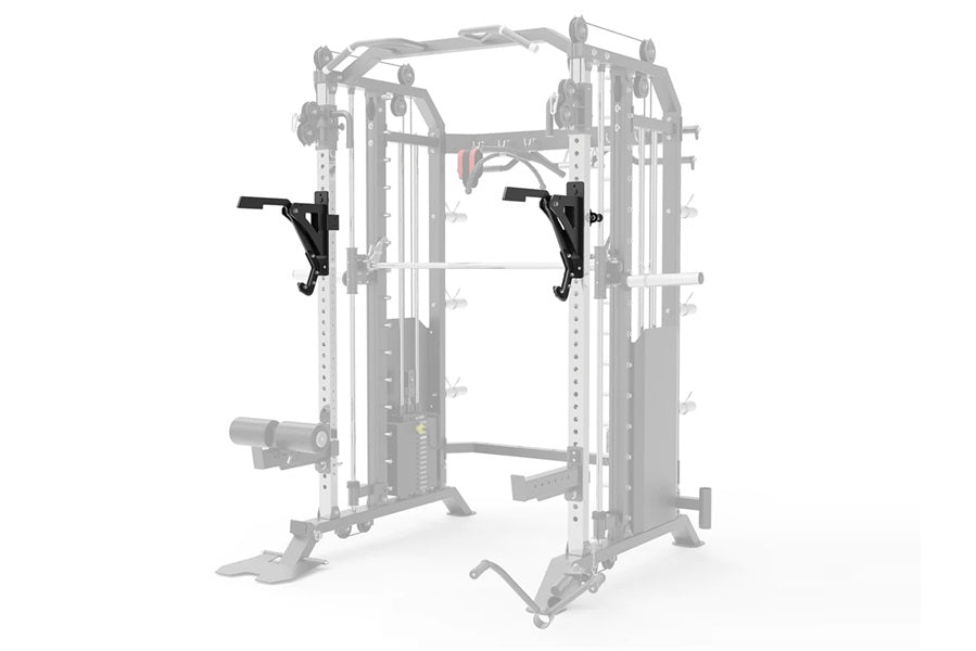 Warrior 801 Pro power rack with Smith machine, cable pulleys, and black leg press attachment on white background