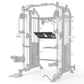 Smith machine power rack cage with cable pulley system and adjustable weight plates on white background