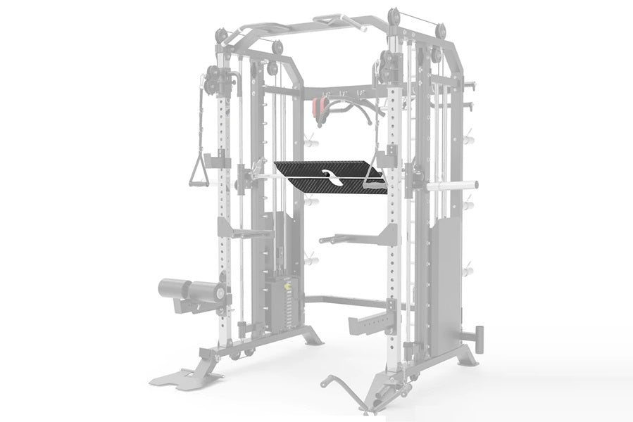Smith machine power rack cage with cable pulley system and adjustable weight plates on white background