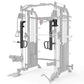 Black lever attachment handles installed on white multi-functional gym power rack with cable machine