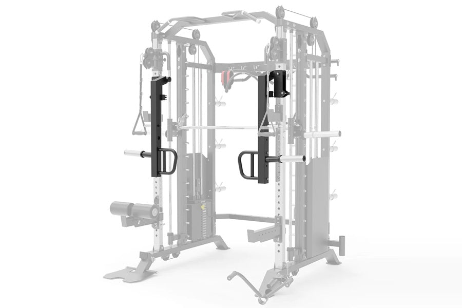 Black lever attachment handles installed on white multi-functional gym power rack with cable machine