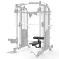 Warrior 801 Pro multi-function power rack cage with cable pulleys, smith machine, and leg press attachment on white backgroun