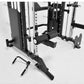 Black and white multi-station home gym with cable crossover, Smith machine, and functional trainer equipment on white backgro