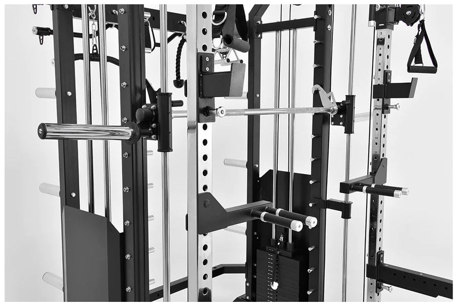 Black and silver multi-station power rack with integrated cable pulley system, Smith machine, and functional trainer attachme