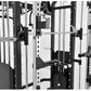Warrior 801 black and silver functional trainer with cable crossover, smith machine, and weight plate pegs on white backgroun