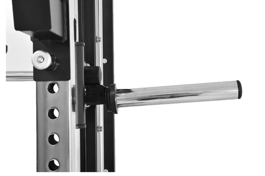 Black and silver power rack cable pulley system with counter-balanced smith machine, showing horizontal chrome bar and adjust