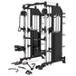 Black and silver all-in-one functional trainer with cable crossover, smith machine, and included accessories on white backgro