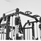 Black and white multi-station functional trainer with cable crossover system, pulleys, and adjustable weight stacks on white 